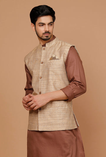 Tan Khaki Matka Silk Nehru Jacket